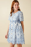 HY8587 Blue Womens Eyelet Embroidered Button Down Scallop Hem Dress Back