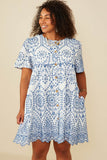 HY8587W Blue Plus Eyelet Embroidered Button Down Scallop Hem Dress Front