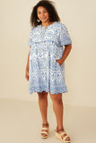 HY8587 Blue Womens Eyelet Embroidered Button Down Scallop Hem Dress Side