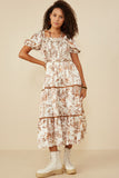 HY8594W Brown Plus Botanical Print Lace Trimmed Satin Dress Full Body