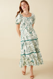 Botanical Print Lace Trimmed Satin Dress