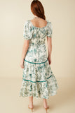 HY8594 Green Womens Botanical Print Lace Trimmed Satin Dress Detail