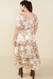 HY8594W Brown Plus Botanical Print Lace Trimmed Satin Dress B