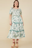 HY8594W Green Plus Botanical Print Lace Trimmed Satin Dress Gif