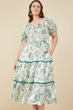 HY8594 Green Womens Botanical Print Lace Trimmed Satin Dress Front