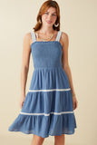 HY8597 Denim Womens Contrast Lace Detail Smocked Tank Dress Front