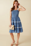 HY8597 Denim Womens Contrast Lace Detail Smocked Tank Dress Full Body