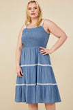 HY8597W Denim Plus Contrast Lace Detail Smocked Tank Dress Front