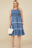 HY8597W Denim Plus Contrast Lace Detail Smocked Tank Dress Full Body