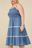 HY8597W Denim Plus Contrast Lace Detail Smocked Tank Dress Side