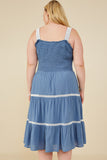 HY8597W Denim Plus Contrast Lace Detail Smocked Tank Dress Back