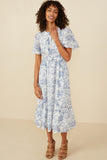 HY8607W Blue Womens Antique Floral Twist Waist Tie Dress Full Body