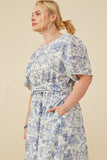 HY8607 Blue Womens Antique Floral Twist Waist Tie Dress Full Body