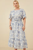 HY8607W Blue Womens Antique Floral Twist Waist Tie Dress Side