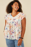 HY8608 Orange Mix Womens Soft Floral Ruffle Detail Swing Top Pose