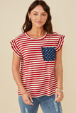 HY8620W Red Plus Star Pocket Striped Knit Ruffled Knit Tank Front