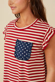 HY8620 Red Womens Star Pocket Striped Knit Ruffled Knit Tank Full Body