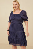 HY8623 Navy Womens Textured Shimmer Tie Detail Dress Front