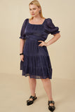 HY8623 Navy Womens Textured Shimmer Tie Detail Dress Side