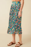 HY8634W Blue Plus Floral Print Pleated Ruffle Waist Skirt Front