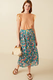 HY8634W Blue Plus Floral Print Pleated Ruffle Waist Skirt Back