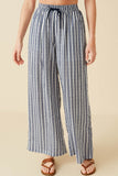 HY8643 Navy Womens Textured Stripe Drawstring Wide Leg Pants Front