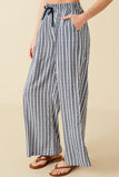 HY8643 Navy Womens Textured Stripe Drawstring Wide Leg Pants Gif