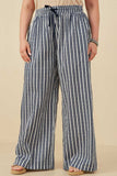 HY8643W Navy Plus Textured Stripe Drawstring Wide Leg Pants Front