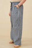 HY8643 Navy Womens Textured Stripe Drawstring Wide Leg Pants Full Body