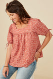 HY8662W Rust Plus Botanical Embroidered Tie Sleeve Top Front