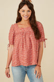 HY8662 Rust Womens Botanical Embroidered Tie Sleeve Top Back