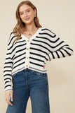 HY8669W Off White Plus Striped Buttoned Sweater Cardigan Pose