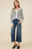 HY8669 Off White Womens Striped Buttoned Sweater Cardigan Gif