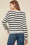 HY8669 Off White Womens Striped Buttoned Sweater Cardigan Side