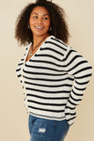 HY8669W Off White Plus Striped Buttoned Sweater Cardigan Gif