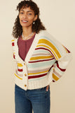 HY8670 Mustard Mix Womens Multi Stripe Knit Cropped Sweater Cardigan Editorial