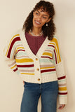 HY8670 Mustard Mix Womens Multi Stripe Knit Cropped Sweater Cardigan Side