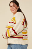 HY8670 Mustard Mix Womens Multi Stripe Knit Cropped Sweater Cardigan Front 2