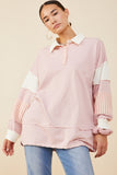 HY8696W Pink Plus Mixed Media Print Blocked Knit Rugby Shirt Pose