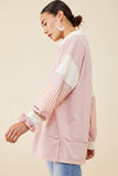 HY8696 Pink Womens Mixed Media Print Blocked Knit Rugby Shirt Full Body