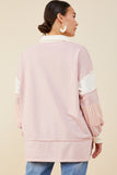 HY8696 Pink Womens Mixed Media Print Blocked Knit Rugby Shirt Side