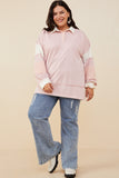 HY8696W Pink Plus Mixed Media Print Blocked Knit Rugby Shirt Gif