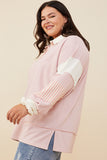 HY8696W Pink Plus Mixed Media Print Blocked Knit Rugby Shirt Full Body