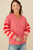 Mixed Stripe V Neck Knit Long Sleeve Top