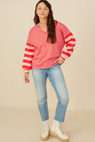 HY8714 Pink Womens Mixed Stripe V Neck Knit Long Sleeve Top Gif