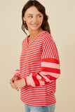 HY8714 Pink Womens Mixed Stripe V Neck Knit Long Sleeve Top Full Body