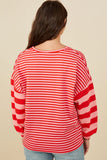 HY8714 Pink Womens Mixed Stripe V Neck Knit Long Sleeve Top Side