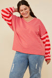 HY8714W Pink Plus Mixed Stripe V Neck Knit Long Sleeve Top Pose