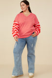 HY8714 Pink Womens Mixed Stripe V Neck Knit Long Sleeve Top Back