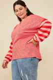 HY8714W Pink Plus Mixed Stripe V Neck Knit Long Sleeve Top Gif